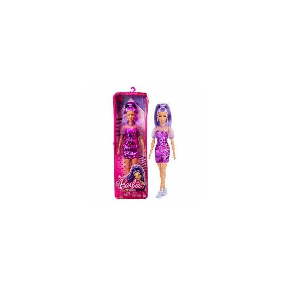 Muñeca Barbie Fashionistas Vestido metálico Cabello morado…