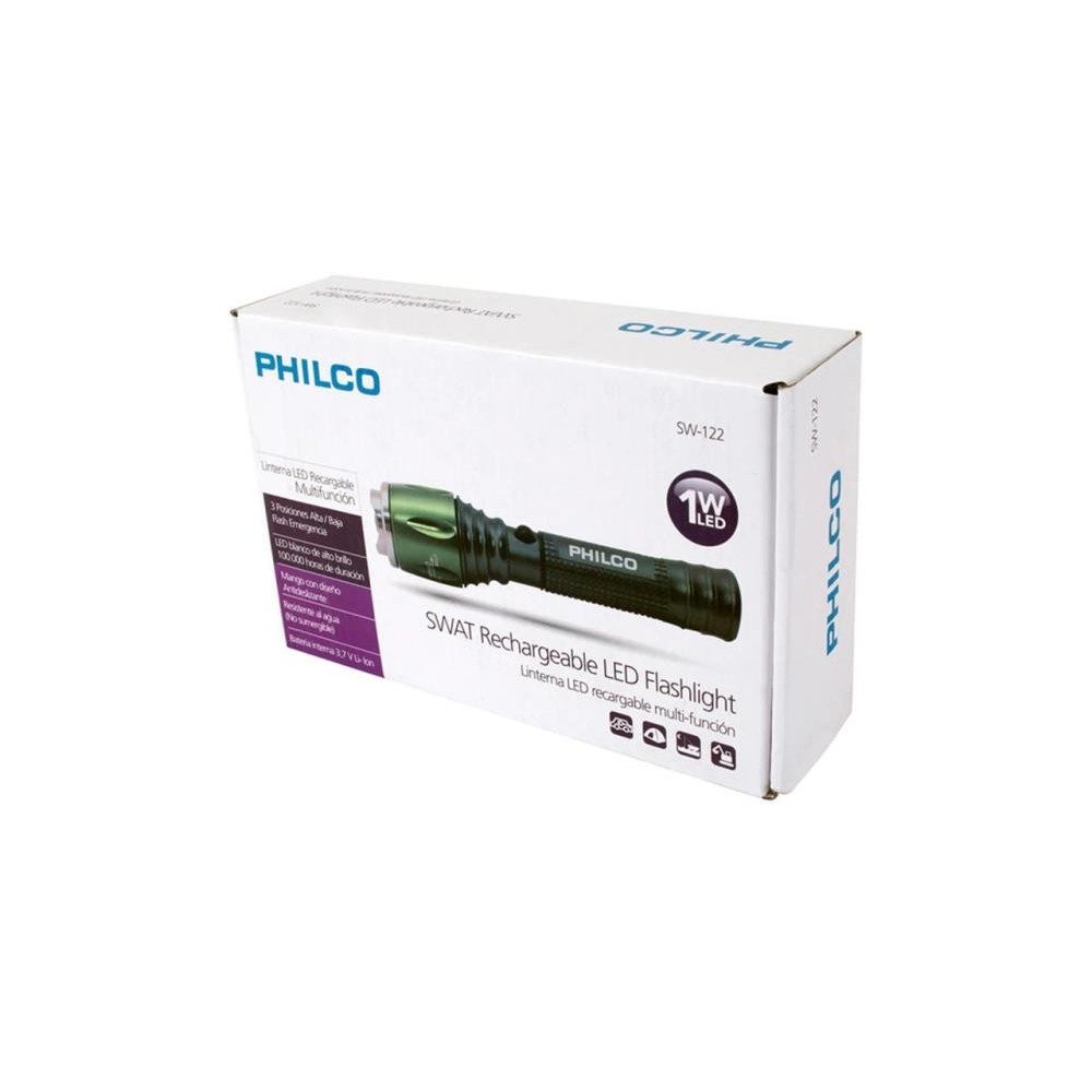 Linterna Recargable 1W C/Zoom Resistente a lluvia Philco